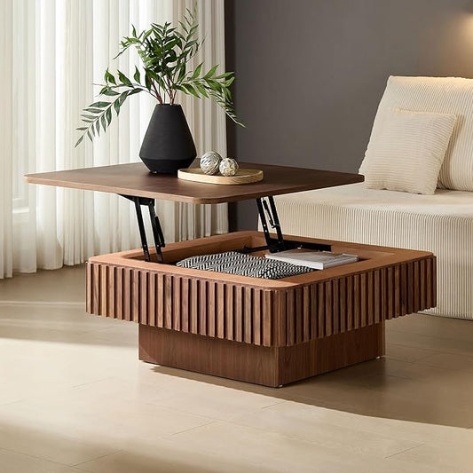 WILLIAMSPACE 35.43" Lift Top Coffee Table with Hidden Storage & Sturdy Base, Modern Luxury Square Wood Handcraft Drum Center Table Accent End Tea Table for Living Room, Minimalist Fluted Design-Walnut