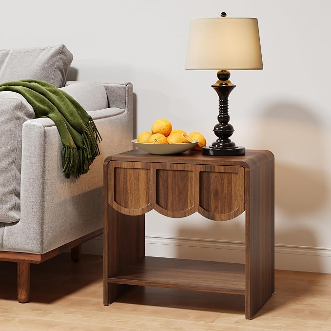 Small Night Stand Set of 2, Mid Century Modern Farmhouse Wood Nightstand with Wave Panel Drawer, Bed Side End Table for Small Space, Living Room - Walnut - Image 7