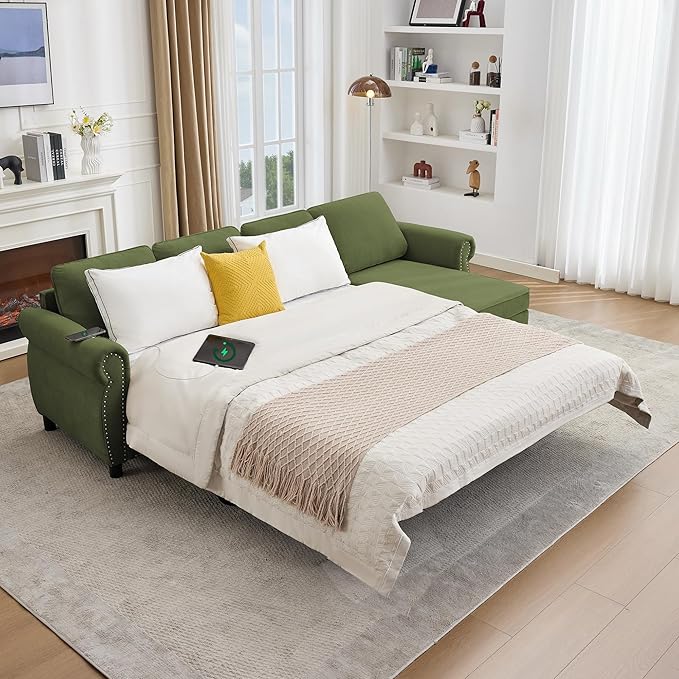 ERYE L-Shaped Reversible Sectional Sofa with Pull Out Queen Memory Mattress Sleeper Bed, 2-in-1 L-Shaped Corner Sectional Couches W/Wireless Charging, Storage Chaise Lounge
