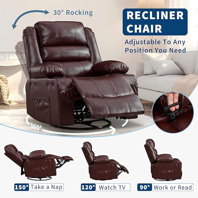 Garvee Rocking Recliner Chair for Adults 360° Swivel Rocker Recliner with Cup Holder Wide Nursery Glider with Upholstered Deep Seat PU Leather Comfy Single Sofa for Living Room Coffee