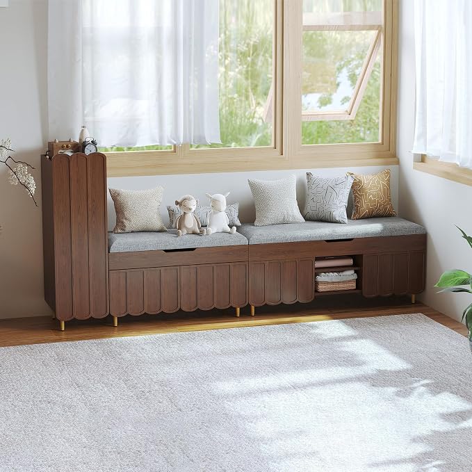3More 40" Entryway Shoe Storage Bench,Upholstered Hidden Space Beneath Seat Cushion Bench,2-Tier Unique Geometric Shape with Wood Grain,Walnut - Image 9