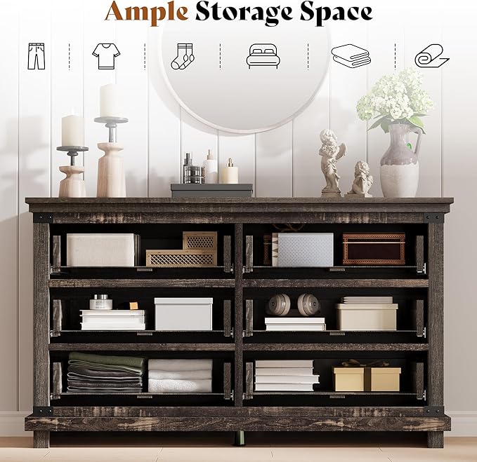 AMERLIFE 5 Pieces Farmhouse Bedroom Set, Includes Rustic Full Bed Frame with 54" Tall Headboard, 6 Drawer Dresser, 5 Drawer Tall Chest, Nightstands Set of 2 with Charging Station, Black Oak
