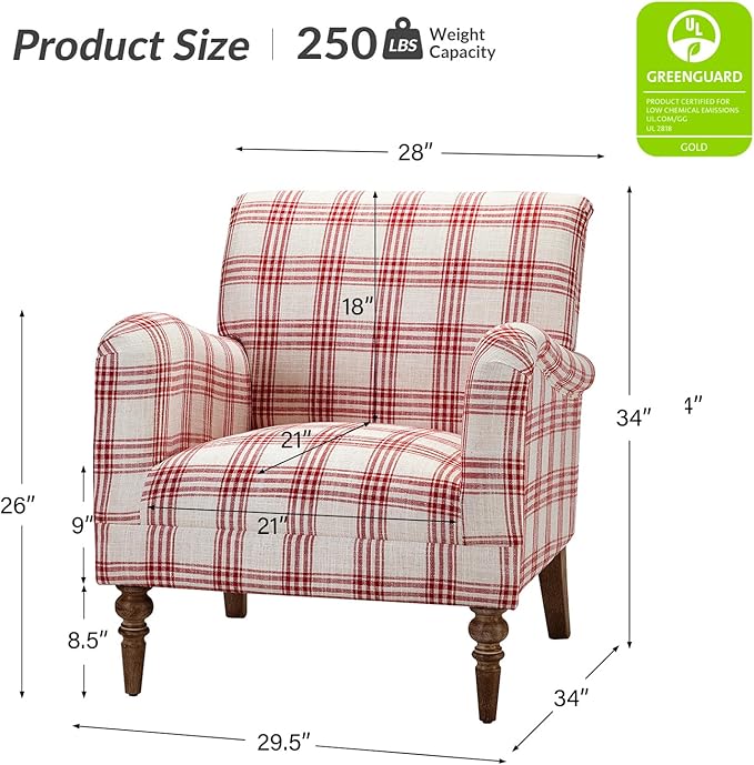 HULALA HOME Modern Accent Chair with Arms and Wooden Legs, Comfy Upholstered Armchair for Bedroom Living Room, (Plaid Pattern, Red)