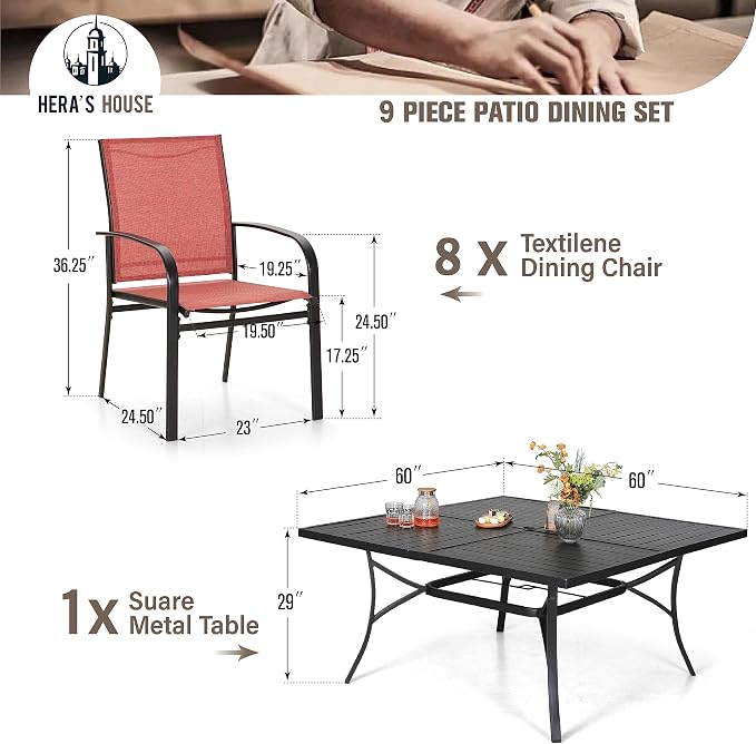 HERA'S HOUSE Patio Dining Set 9 Pieces, Outdoor Table and Chairs Set for 8, 8 x Red Textilene Dining Chair, 60" Square Metal Dining Table with 1.57" Umbrella Hole, for Lawn Garden Backyard Deck - Image 6