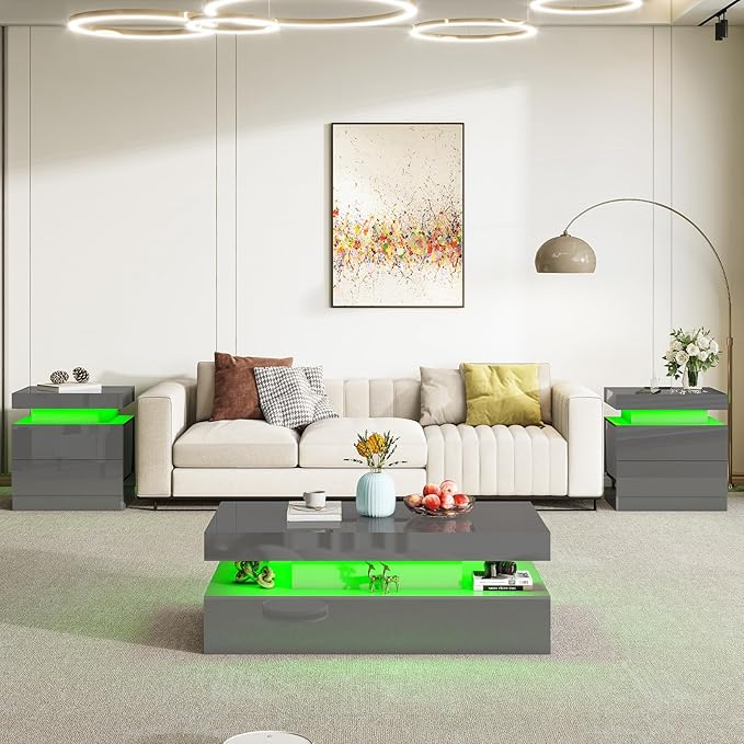 AMERLIFE High Gloss 2-Tier LED Coffee Table, 40" Modern Center Table with LED Lights, Open Storage Space, Minimalism Rectangular Sofa Side Table for Living Room, Gray
