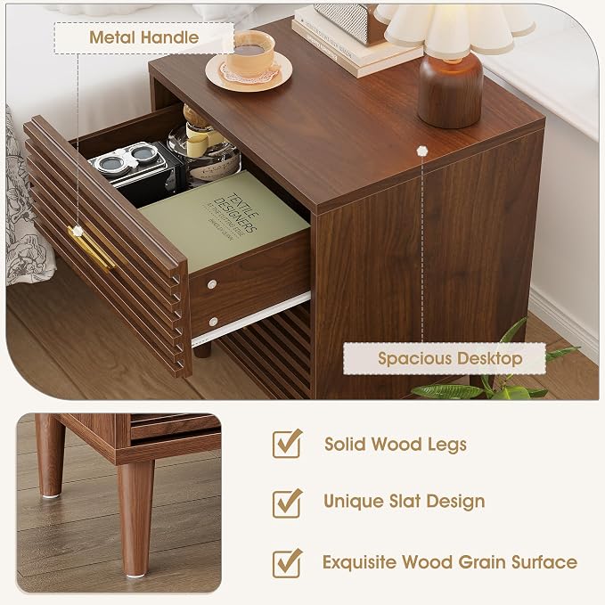 Alohappy Nightstand, Mid Century Modern Night Stands, Fluted Bedside Table for Bedroom, End Table with Storage Drawers, Vintage Bed Side Table Wood Accent Table for Living Room, Brown 1pc - Image 7