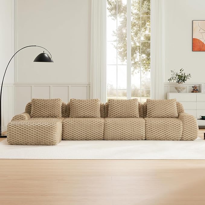 146" L-Shaped Compressed Sectional Cloud Sofa, Flannel Upholstered Modular Deep Seat Sofa with 5 Pieces, Modern Floor Boneless Foam Modular Cloud Couches for Living Room