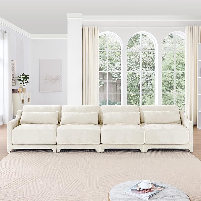 Ball & Cast 141.7" Modular Sofa Couch with Deep Seat Chenille Sofa and Wide Armrest, Modern Comfy 4-Seater Couch for Living Room, Office, Apartment, Easy to Assembly, Beige