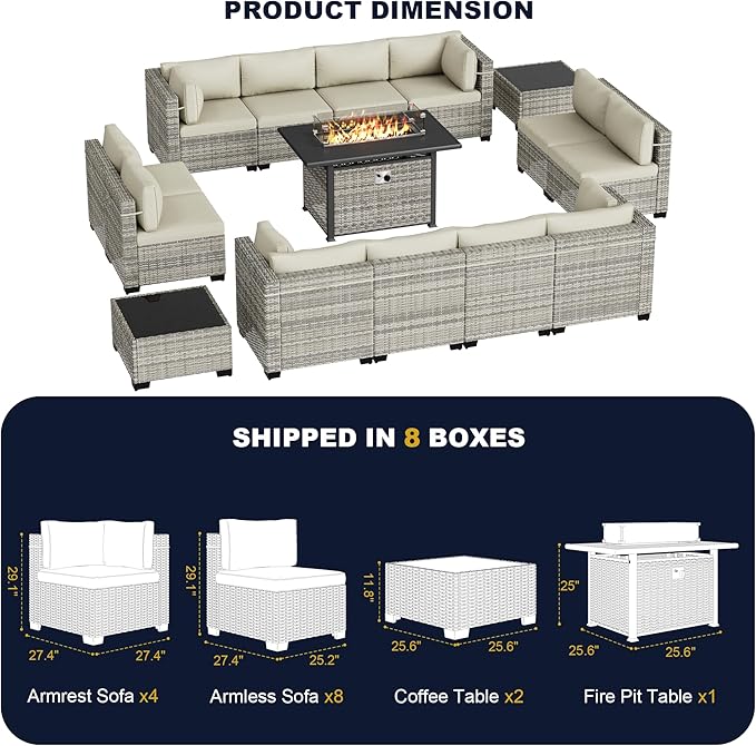 15-Piece Outdoor Patio Furniture Set with 55,000 BTU Fire Pit Table, PE Wicker Rattan Sectional Sofa Conversation Set - All-Weather Garden, Backyard Furniture, White