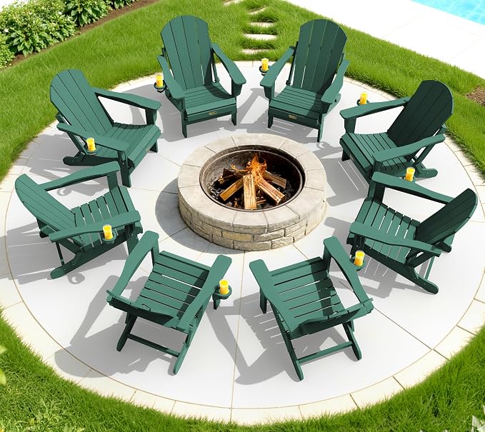 SERWALL Foldable Adirondack Chair Set of 4, Weather Resistant HIPS Patio Chairs with Cup Holder for Garden Outdoors Fire Pit Chairs-Green - Image 9