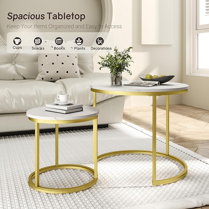 Nesting Tables Set of 2, White Round Coffee Table, Small Nesting Coffee Table with Adjustable Non-Slip Fee, White Marble Top Stack Nesting Tables Set of 2 for Living Room, Bedroom