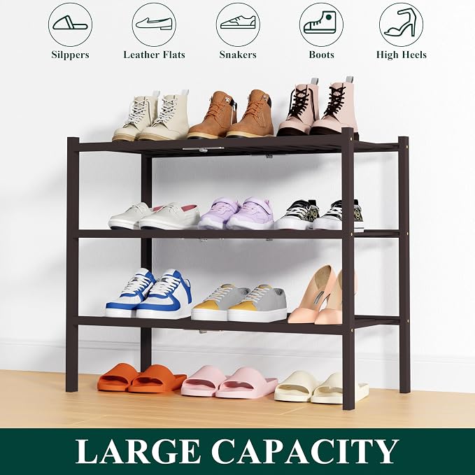 Smiry Shoe Rack, 3 Tier Thick Bamboo Shoe Organizer, Stackable Free Standing Wooden Shoe Storage Shelf for Closet, Entryway, Front Door Entrance, Brown - Image 6