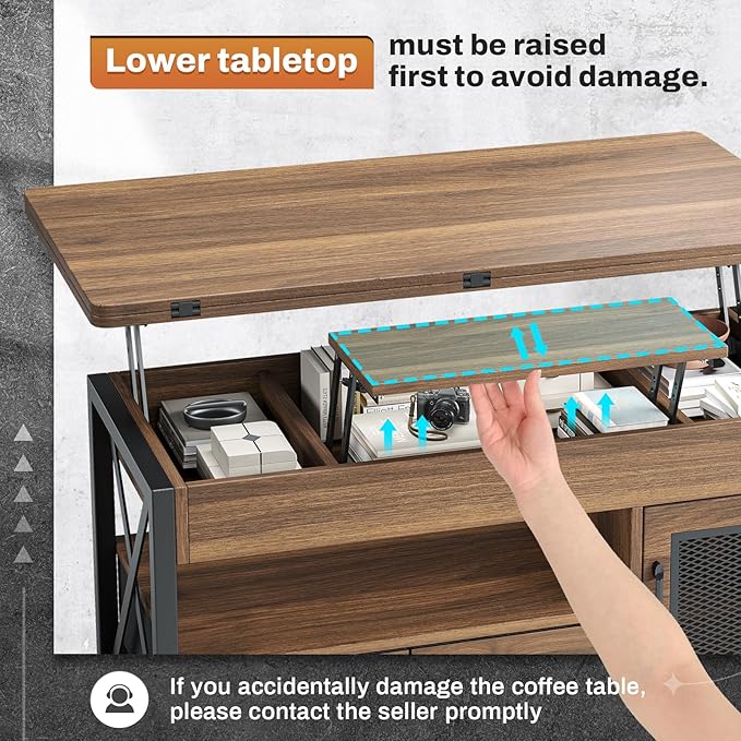 Itaar 40" Lift Top Coffee Table, 4 in 1 Coffee Tables with Storage Cabinet for Living Room, Small Farmhouse Coffee Table with 2 Fabric Drawers & LED Light for Dining Room, Oak Brown