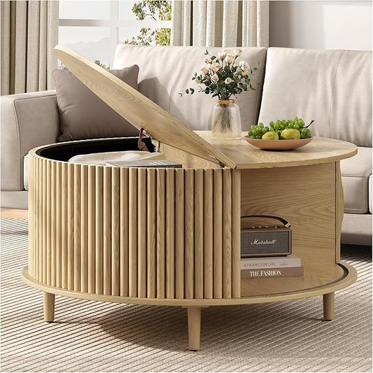 SULIVES Round Coffee Table with Storage, 31.5" Oak Fluted Center Table with Sliding Door, Modern Circle Drum Coffee Table for Living Room, Scandi Wood Furniture for Small Spaces