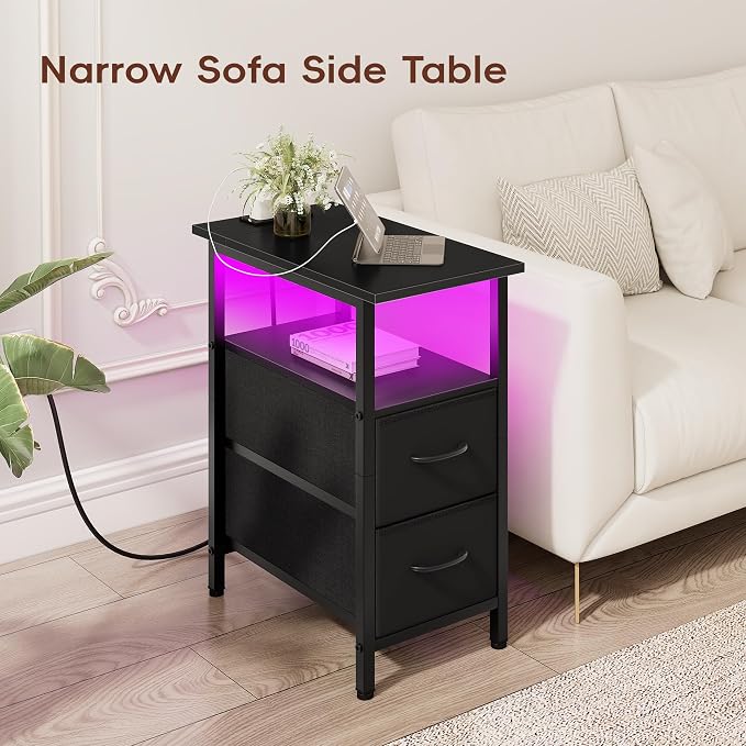 Vagusicc Set of 2 Black Nightstand with Charging Station and LED Lights, Narrow Side Table, LED Night Stand with 2 Fabric Drawers, Bedside Table Small End Table, Tall Nightstand for Bedroom, Black - Image 7