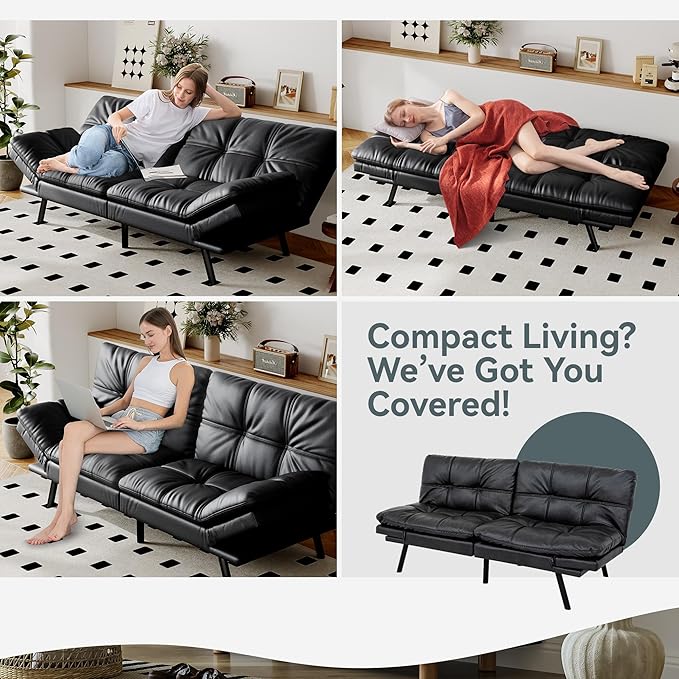 Futon Sofa Bed Convertible Couch, Black Faux Leather Sofa Bed with Memory Foam, Adjustable Backrest & Armrests, Multifunctional Small Loveseat Sleeper Sofa for Living Room, Apartment, Office