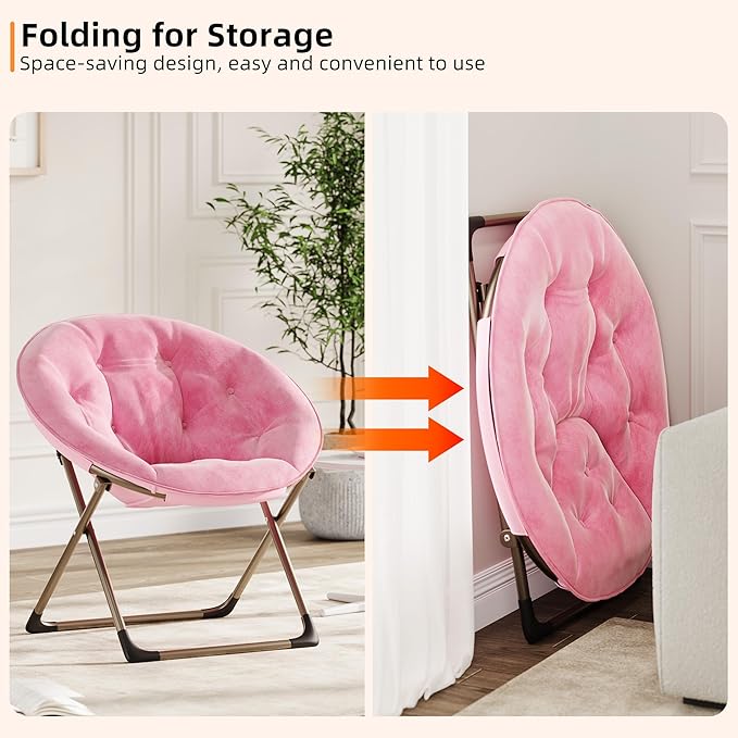 GAOMON Saucer Chair, Comfy Chair Faux Fur Lounge Moon Chair with Folding Metal Frame, Oversized Plush Flower Accent Seat for Adults, Teens & Kids, for Teens, Bedroom, Dorm or Living Room, Pink