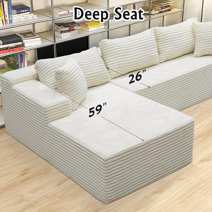 White sectional couches for Living Room Corduroy Couch，104" Cloud Sectional Couch with L-Shape Chaise， Modern Modular Sofa, Deep Seat Comfort, No Assembly Required(Plush Corduroy Fabric)