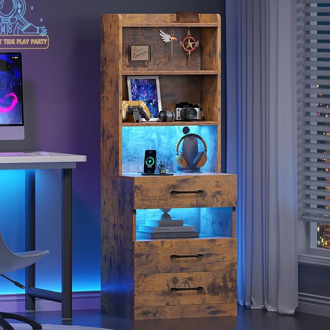 VIAGDO Tall Nightstand with Charging Station and LED Lights, Rustic Brown Night Stand with Bookshelf, Modern LED Bedside Table with 3 Drawers and Storage Shelves, End Side Table for Bedrooms, Dorms - Image 8
