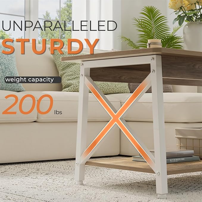 GreenForest Coffee Table with Round Corner, 39.4'' Modern Living Room Table with 2 Tier Storage Shelves, Rustic Industrial Sturdy Center Table Space Saving Easy Assembly, White Gray Wash