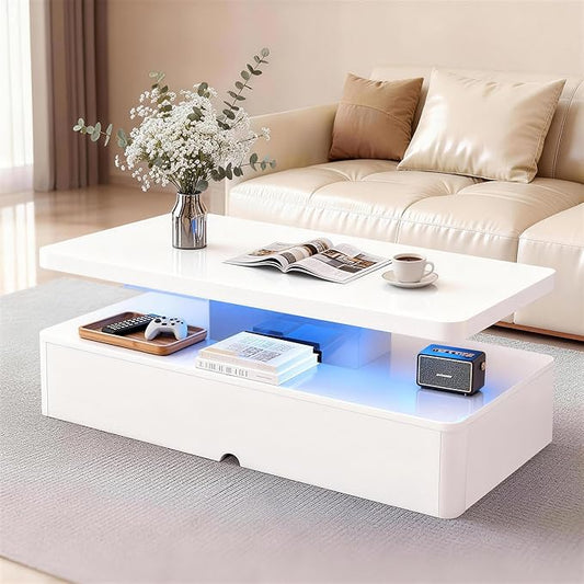 40" Modern Coffee Table with 16 Colors LED Lights, 2 Tier Rectangular Center Table with Large Storage Space, Stylish High Glossy Wooden Tea Tables for Living Room, Bedroom, Home Office, White