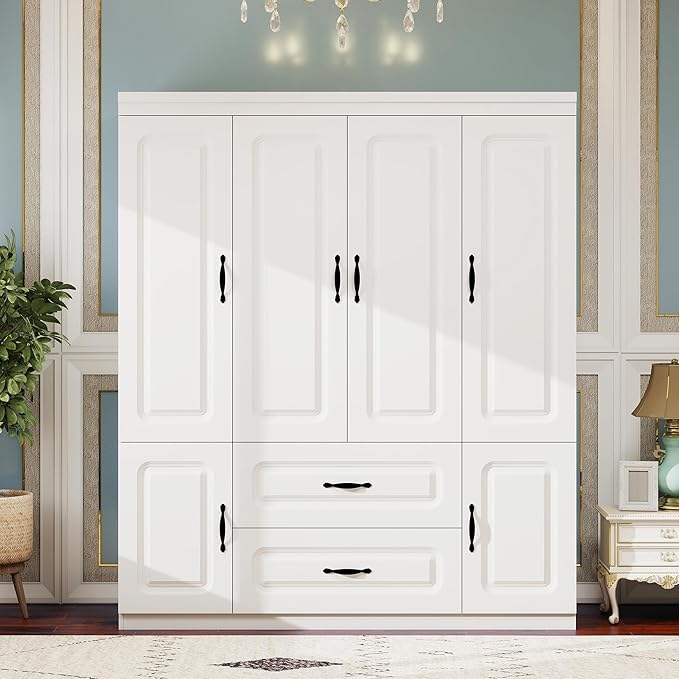 GraceGrove Armoire Wardrobe Closet with 4 Doors Armoires and Wardrobes with 2 Drawers,Tall Cabinet Wardrobe Cabinet with Hanging Rail and Metal Handle for Bedroom White
