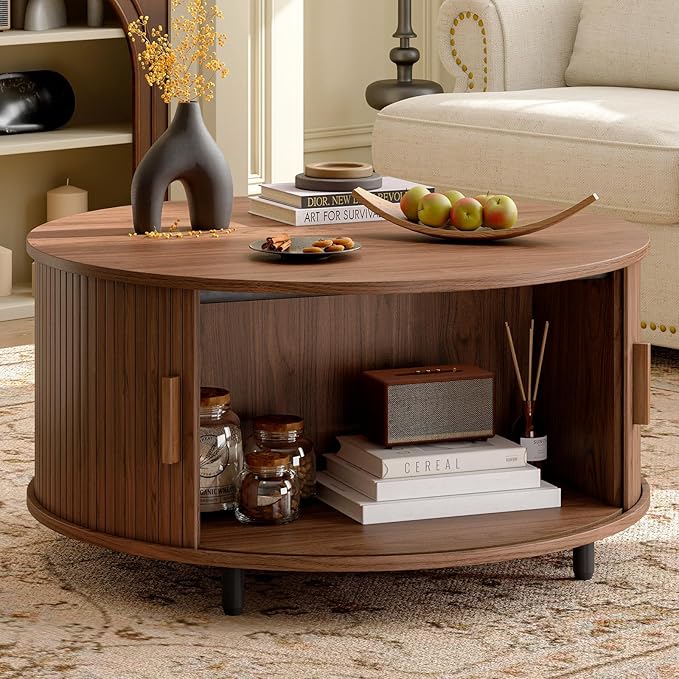 31.5 Inch Round Coffee Table, Mid-Century Modern Coffee Table wtih Storage, Fluted Coffee Table with Adjustable Footpads, 360° Rotating Sliding Door, Center Table for Living Room (Walnut)