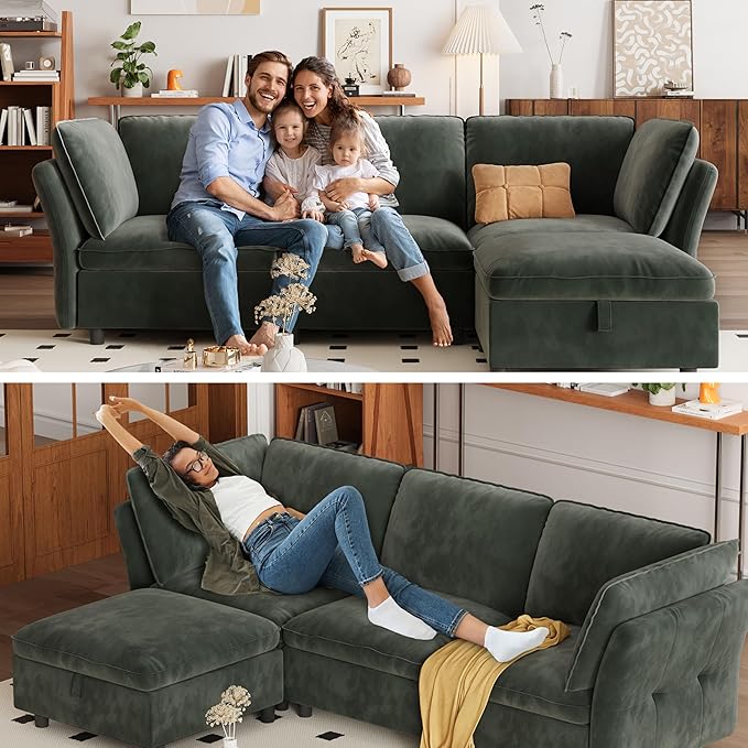 97" Modular L-Shaped Sectional Cloud Couch with Storage Ottoman - Velvet Deep Seating Sofa Set with Pillows, Convertible 3-Seater for Living Room, Apartment, Office (Olive Green)