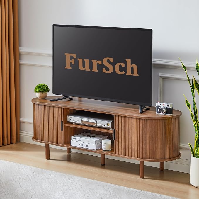 FurSch 53" Tambour Door TV Stand,Wood Mid Century Modern TV Cabinet for Up to 65“ TV,Curved Edge Long TV Stand with Storage for Bedroom Living Room(Walnut, 54inch) - Image 6