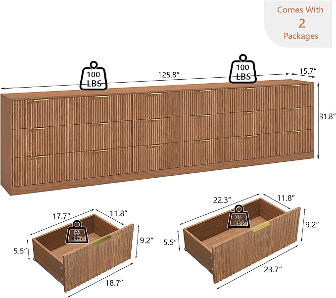 Dresser for bedroom Set of 2, Long Dresser with 18 Drawers, Fluted Modern Bedroom Furniture Set, TV Stand Dressers & Chests of Drawers for Closet, Natural Wood (15.7"D x 125.8"W x 31.8"H)