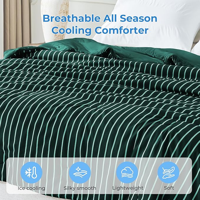 Pinstripe Cooling Comforter Queen Size, Q-Max 0.45 Reversible Striped Cooling Blanket for Hot Sleepers, Breathable Lightweight Silk Smooth Summer Bedding, Quilted Ice Blanket, Emerald Green