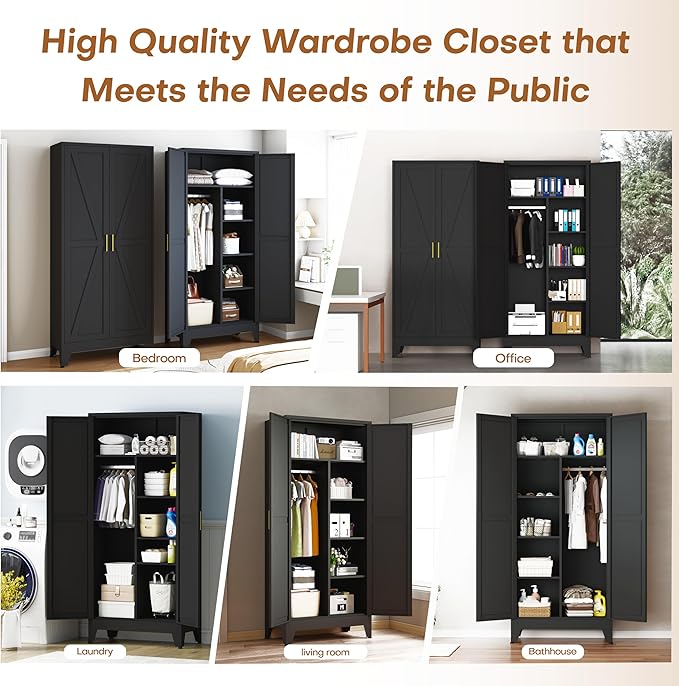 71" Steel Combination Wardrobe Closet, Metal Storage Wardrobe Cabinet with 2 Doors, Hanging Rod & Shelves, Black Metal Armoire Wardrobes Clothing Coat Cabinet for Bedroom, Office, School