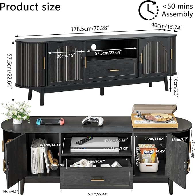 70" Fluted TV Stand for Tvs up to 80", Mid-Century Modern Entertainment Center with Drawers and Fluted Doors, Curved TV Media Console Table with Sliding Doors for Living Room, Bedroom (70" Black) - Image 2