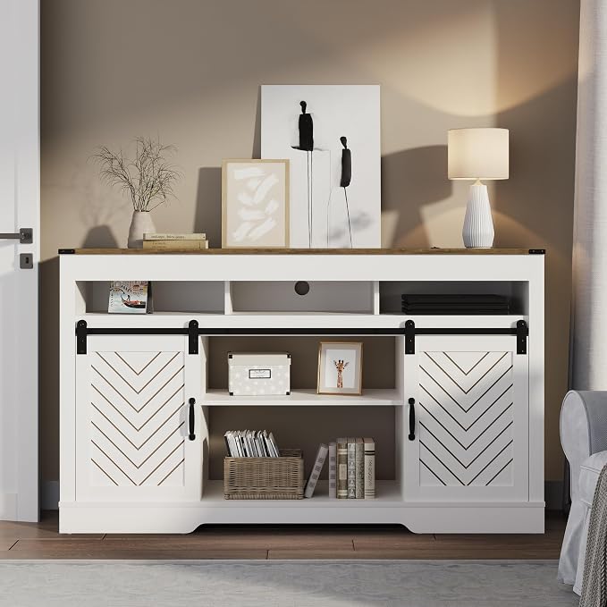 RoyalCraft Farmhouse TV Stand for 23" Electric Fireplace, Tall Entertainment Center for 65+ Inch TV, 34" Tall Rustic TV Console with Sliding Bar Door for Living Room, Wood-Tone and White - Image 7