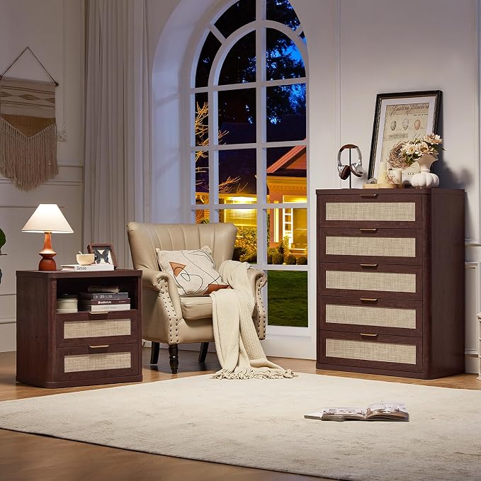 LEYAOYAO Rattan Dresser for Bedroom Set 2, 41" Tall Chest of Drawers, Modern 5 Drawers Boho Dressers with Storage, Light Oak Dresser Wooden Closet Organizer for Living Room, Hallway, Retro Walnut - Image 5