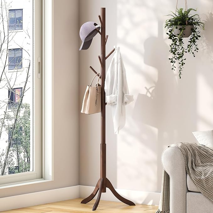 kiplant Bamboo Wood Coat Rack Stand, Freestanding Coat Tree with 8 Hooks, Hallway Entryway Hat Hanger Organizer Standing for Bedroom, Office, Clothes, Jackets, Bags, Umbrallas - Image 5