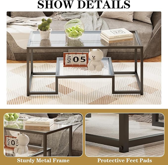 Coffee Table Black Glass Coffee Table for Living Room,2 Tiers Rectangle Center Table with Sturdy Metal Frame,Modern Tempered Glass Accent Table for Bedroom Home Office