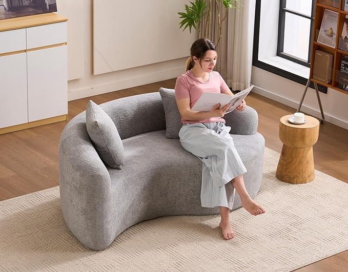 KEIKI S-Curved Loveseat Chenille Couches with 2 Pillows, Upholstered Luxury Plush Cloud Sectional Sofa for Living Room Apartment, Full Sponge Compression
