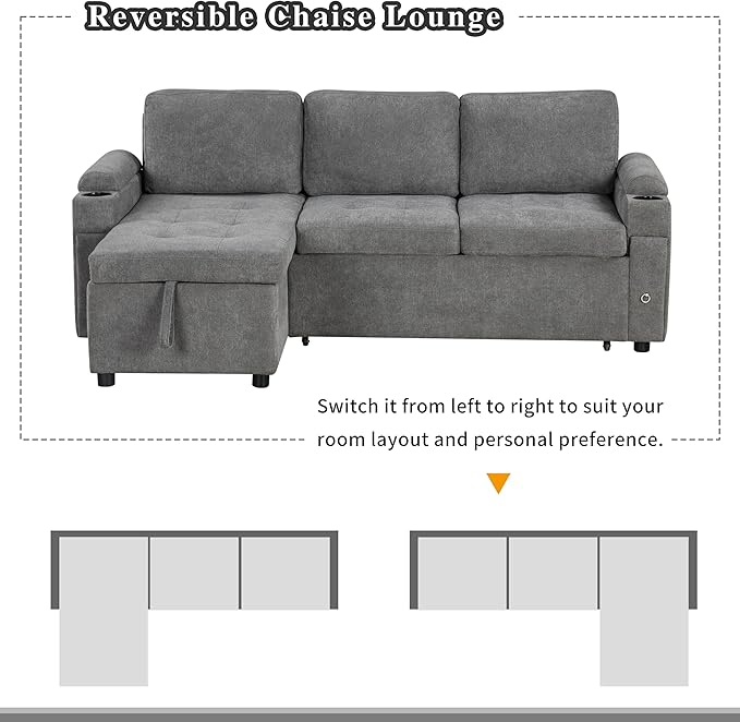 Eafurn 83.5" Sleeper Sectional Sofa with Pull Out Couch Bed, Convertible L-Shaped Sofa with Storage Chaise, Quick Assemble Sleeper Corner Sofa with Cup Holders & USB Ports