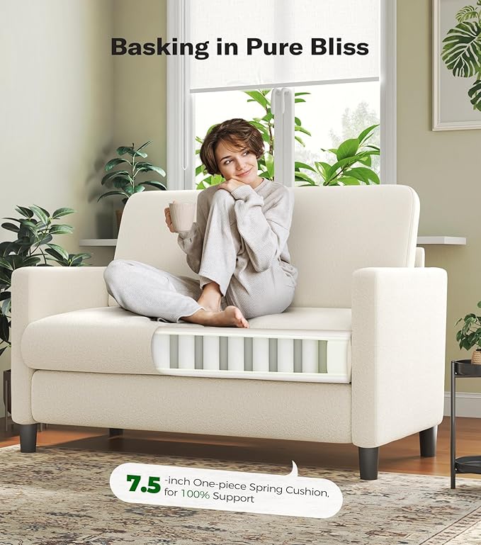 Loveseat Sofa, 51" Love Seat, Comfy Teddy Small Loveseat for Small Spaces, Tool-Free Setup Sofa Couch for Bedroom, All-Wood Couches for Living Room, No Pillow Included, Beige