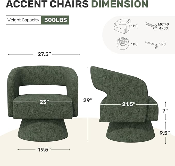 Nebuaegis Swivel Accent Chair Set of 2, Modern Comfy Chenille Barrel Chairs, Oversized Upholstered Round Arm Chair for Living Room, Bedroom, Reading Room, Green