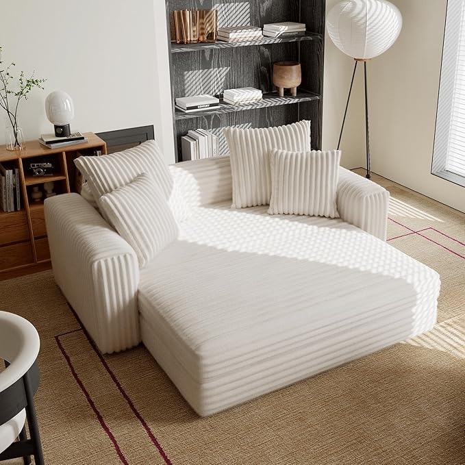 Acanva Oversized Cozy Chaise Lounge Chair Indoor with Removable Ottoman, Modern Upholstered Fluffy Sleeper Sofa Bed, Comfy Reclining Couch for Living Room, Bedroom, White