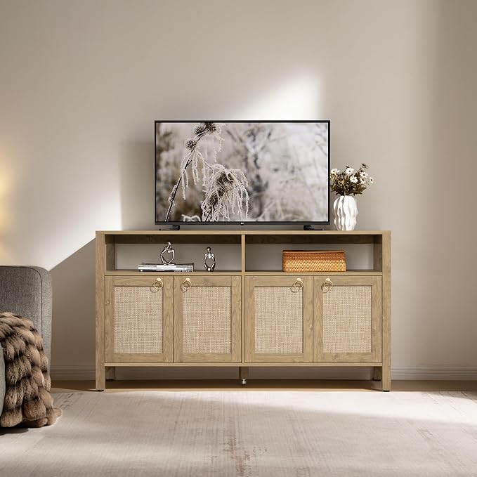 SICOTAS Rattan TV Stand for Television up to 120 Inch - Large Entertainment Center with Storage and Open Shelves, Boho Media TV Console Cabinet with Doors and Adjustable Shelf for Living Room - Image 2