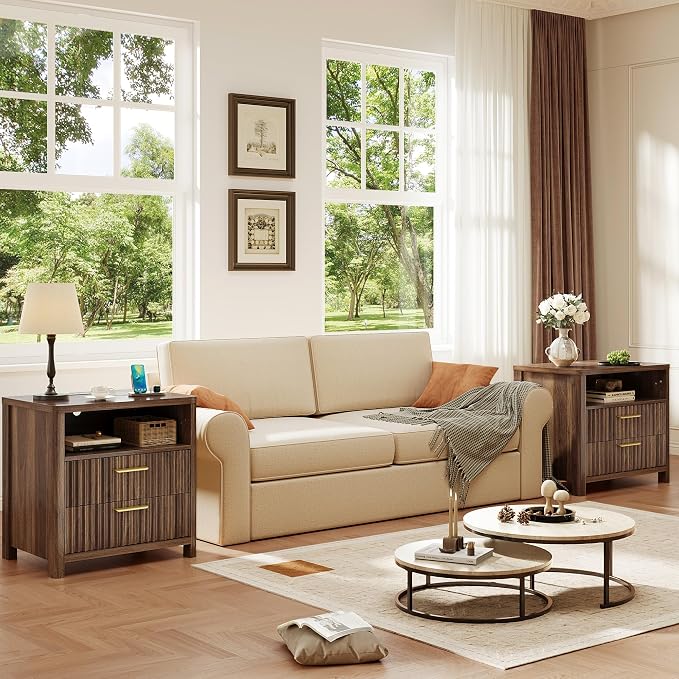 CypBed 23.8" Wide Fluted NightStand Set of 2 with Charging Station, Bedside Tables with 2 Drawers & Storage Shelf, Wood Nightstand with Rounded Corner, Modern End Table for Bedroom, Easy Assembly - Image 8