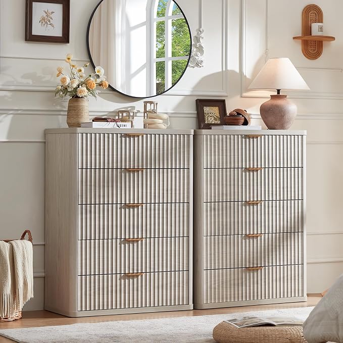 LEYAOYAO Fluted 5 Drawers Dresser for Bedroom, 41" Tall Modern Chest of Drawers with Metal Handle, Curved Profile Farmhouse Closet Organizer Wood Dressers TV Stand for Living Room, Hallway, Lightgrey - Image 4