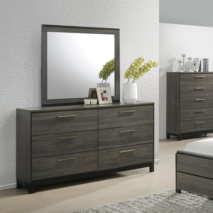 Roundhill Furniture Ioana 187 Antique Grey Finish Wood Bed Room Set, Queen Size Bed, Dresser, Mirror, 2 Night Stands