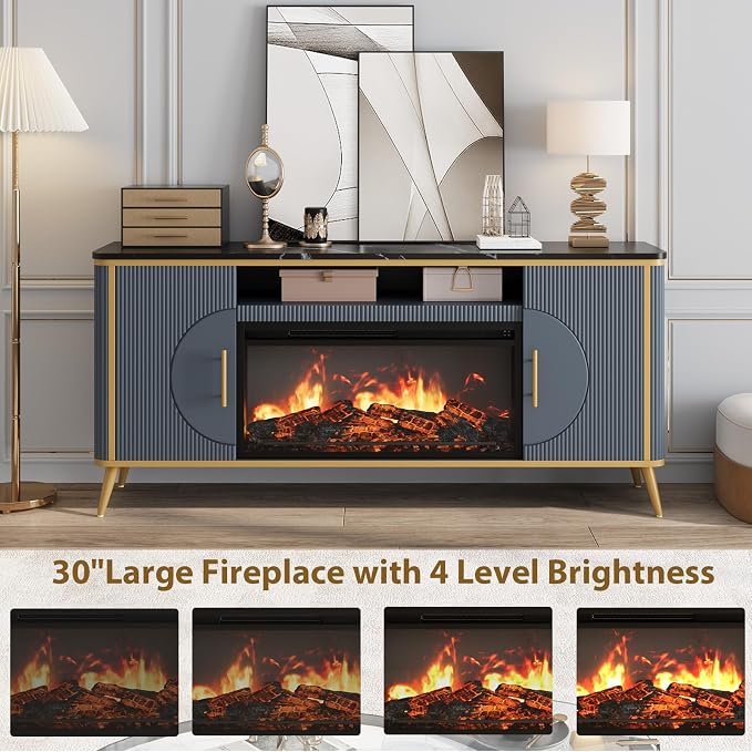 Fluted Fireplace TV Stand Up to 80" TVs, Modern Entertainment Center with 30" Electric Fireplace, Luxury Media Console with Adjustable Shelves for Living Room, Navy Blue - Image 5