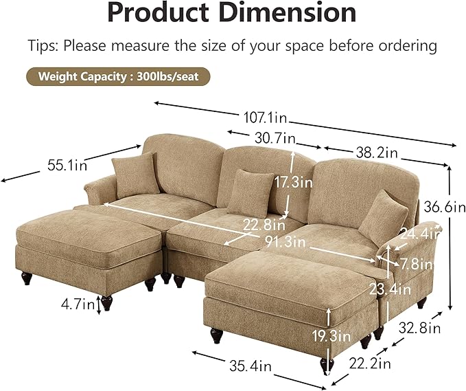 KEIKI Mid Century Modular Sofa with Flared Arms and Skirted Design, 107” Oversized 3-Seater with 2 Ottomans Chenille U-Shaped Sectional Couches for Living Room, Chaise Lounge Indoor, Light Coffee