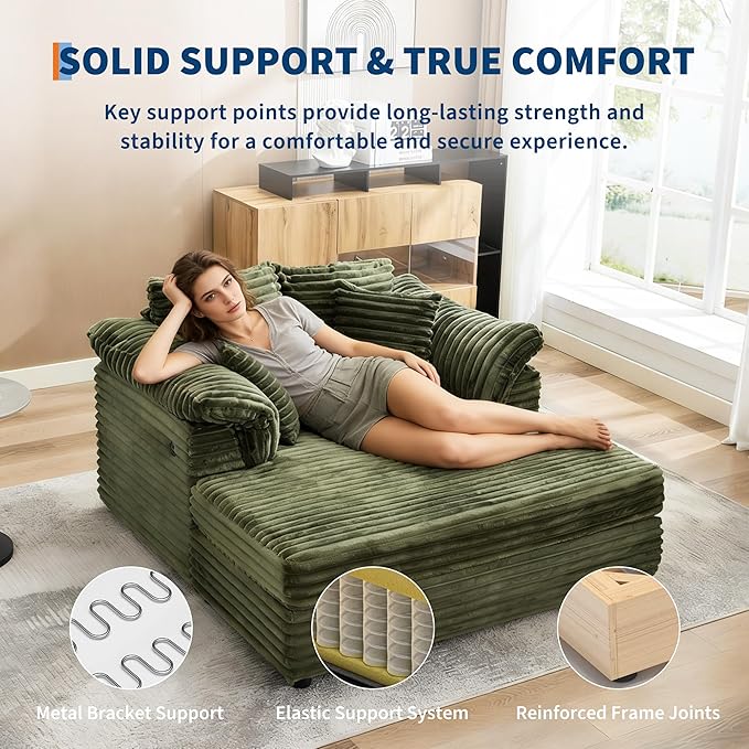 Oversized Chaise Lounge Chair 59 * 54 Inch Indoor Comfy Corduroy Cloud Sleeper Couch Upholstered Sofa Bed with USB Port Throw Pillows Supportive Armrests for Living Room