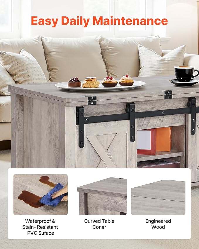 VEVOR 39.4 in Farmhouse Lift Top Coffee Table, Rustic Center Table with Barn Door and Hidden Storage Compartment, Modern Rectangle Lifting Tabletop for Living Room, Office, Home, Easy Assembly, Oak